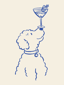 Poodle Balancing Cocktail Glass Doodle Outline Vector Illustration