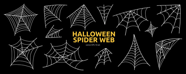Halloween Spooky Spiderweb Set. Horror Corner Cobweb Line Net Line. Cartoon Vector Illustration