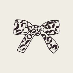 Bow with Leopard Print Animal. Coquette Ribbon Graphic Line Hand Drawn Design. Fashion Vector Sketch Illustration
