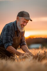 Smiling farmer picking ripe wheat during golden hour. Farmer harvesting ripe wheat in a field during a golden sunrise