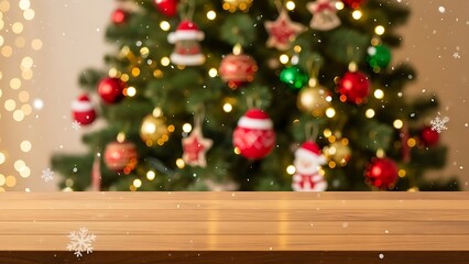 Empty Wooden Table in Foreground with Blurred Decorated Christmas Tree and Soft Falling Snow Background