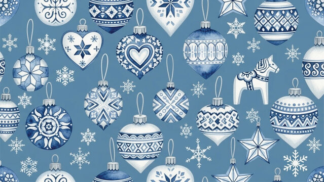 Blue Watercolor Scandinavian Christmas Ornaments Seamless Pattern with Snowflakes and Nordic Symbols