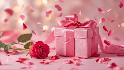 Gift Box With Ribbon and Rose Surrounded by Pink Petals on a Table Setting