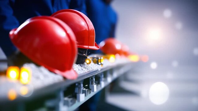 Red Hard Hats in Focus: A row of vibrant red hard hats arranged on a conveyor belt, bathed in the glow of industry lights. An intriguing perspective.