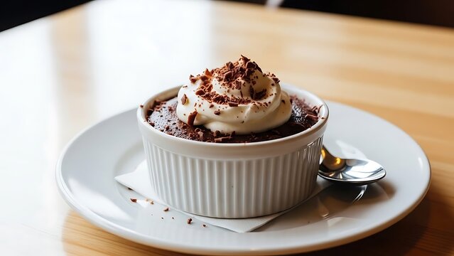 Decadent chocolate souffl&eacute; with whipped cream on white plate