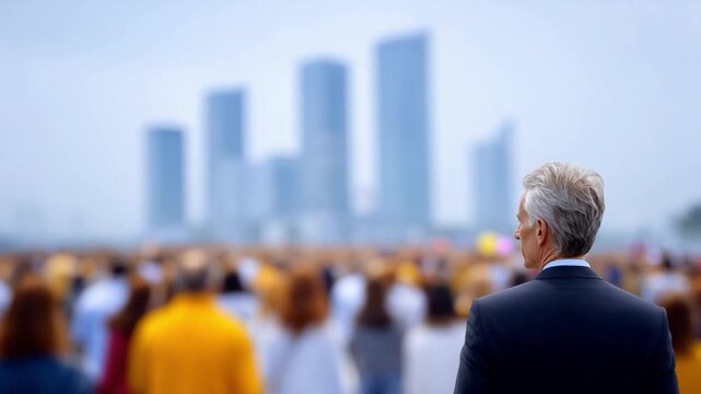 Visionary Gazing: A distinguished figure gazes out towards an imposing cityscape. They stand in the midst of a multitude, symbolizing leadership and foresight