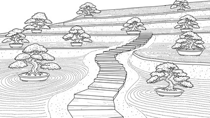 Fototapeta premium Zen garden coloring page featuring miniature bonsai trees arranged on terraced levels with a stone pathway