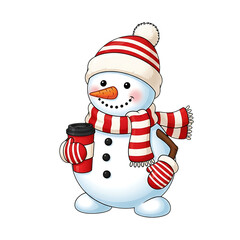 A happy snowman wearing a striped hat and scarf isolated on transparent background