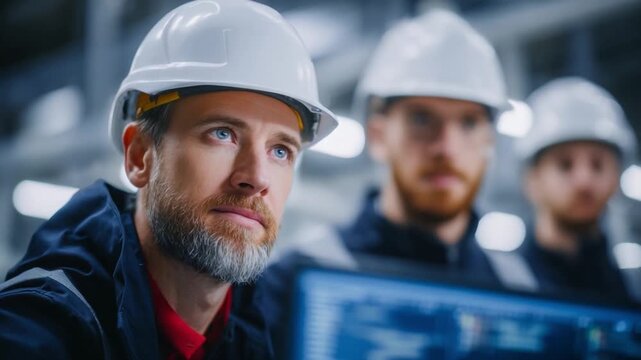 Focused Team of Engineers: A dedicated team of engineers, clad in safety helmets, meticulously oversee industrial processes with unwavering concentration.