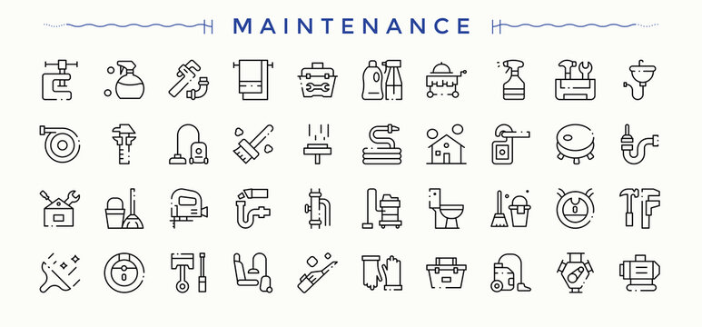 Maintenance line icon set. Tool icon set. Line symbol and sign. Contains such symbols as washing, tools, cleaning, tool, repair, work, industrial and more. Editable vector stroke.