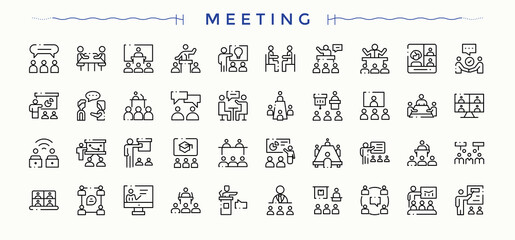 Meeting icon set. Modern icons collection. Contains such icons as conference, brainstorm, communication, agenda, presentation, seminar. Vector illustration. Seminar vector icon set.