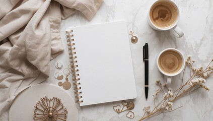 Coffee and Notebook on a Table With a Pen, Small Accessories, and a Decorative Cloth