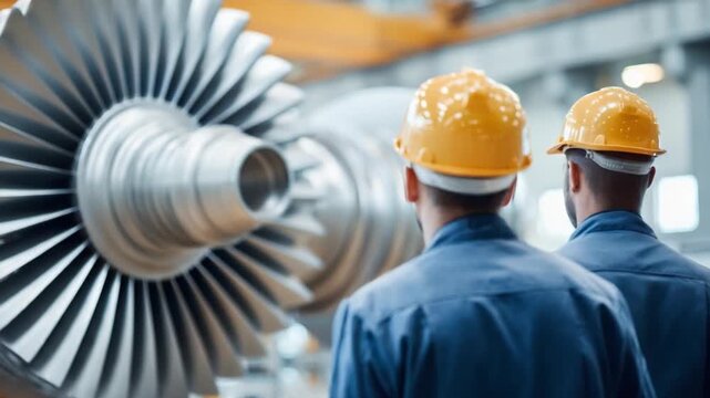 Precision and Expertise: Two diligent engineers, adorned in protective helmets, intently assess intricate machinery within a bustling industrial workshop.