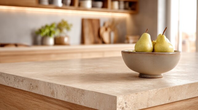 Minimalist kitchen island with travertine stone matte ceramic bowl fresh pears and oak cabinets for home lifestyle culinary interior branding

