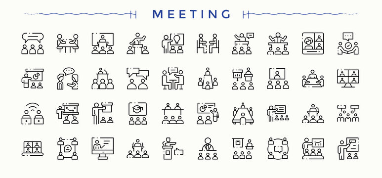 Meeting icon set. Modern icons collection. Contains such icons as conference, brainstorm, communication, agenda, presentation, seminar. Vector illustration. Seminar vector icon set.