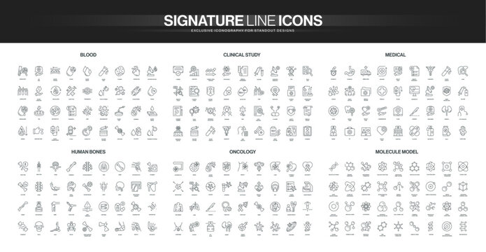 Comprehensive set of thin line icons covering blood analysis, clinical research, medical tools, human bones, oncology diagnostics, and molecular models isolated vector illustration