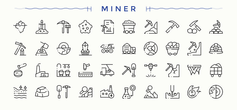 Miner vector icon set. Miner outline icons pack. Thin outline icons pack. Underground icon set. Editable stroke collections.