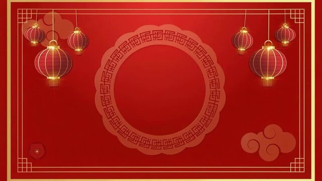Red chinese new year image with lanterns, clouds, and decorative frame suitable for festive design projects, invitations, and cultural presentations.