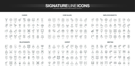 Line style icons set covers career growth, core values, employee benefits, relationships, expertise, and meeting concepts, representing business and personal development isolated vector illustration