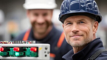 Engineering Team in Action: Two skilled engineers in protective headgear. Focusing on the technical prowess of a team, showcasing the dedication to their craft.