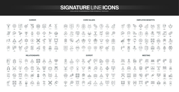 Line style icons set covers career growth, core values, employee benefits, relationships, expertise, and meeting concepts, representing business and personal development isolated vector illustration