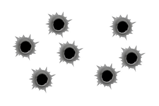 Bullet holes group, fractured circle in metallic material, torn damage holes