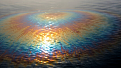 Fototapeta premium Colorful oil slick on the water surface reflecting sunlight creating a beautiful iridescent sheen