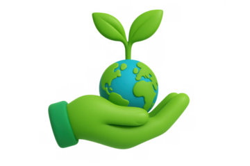 Green 3d hand cradling a blue and green earth globe with a small plant sprouting, representing global environmental care