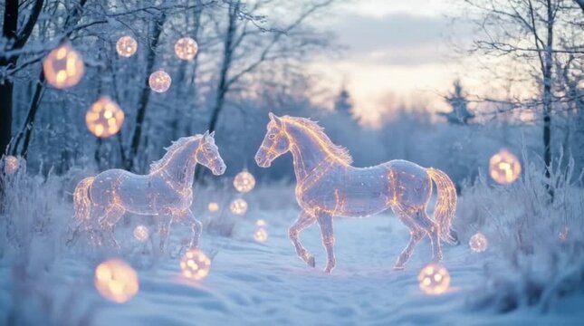 Majestic glowing horses created from golden string lights standing in a snowy winter forest with floating orbs. Magical winter 3D animation.