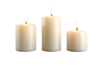 Three cozy candles displayed on wooden table isolated on transparent background