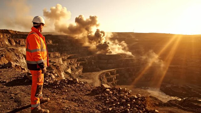 Mining engineer watches explosion smoke at quarry during sunset work. Worker observes blast at mining site. Engineer in safety gear at quarry with explosion. Mining blast creates dust at sunset pit.