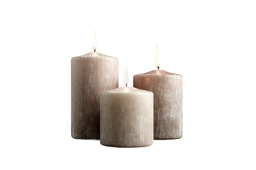 Wooden table with set of three candles isolated on transparent background