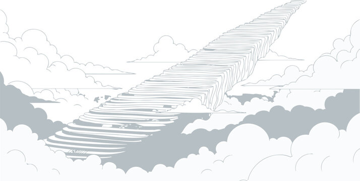Stairway to heaven illustration showing endless steps leading upward through a sky filled with white clouds