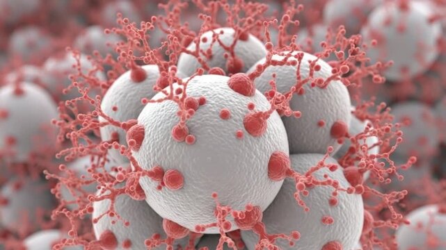 Microscopic view of white spherical cells with red protrusions on surface in closeup