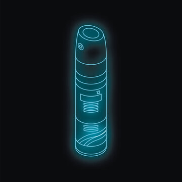 Glowing blue neon spray can on a dark background, representing a modern and futuristic concept of hygiene products