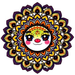 Colorful Mandala with Cute Character Face. , cute character, adorable face, vibrant pattern, decorative art, symmetrical artwork, playful illustration