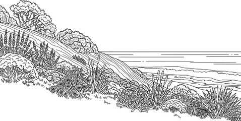 Obraz premium Black and white line art illustration depicting coastal vegetation on a hillside overlooking the ocean horizon