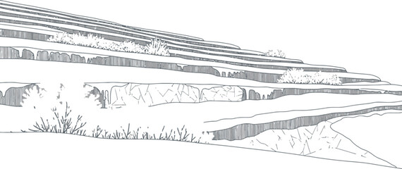Fototapeta premium Sketch drawing of icy terraced landscape with frozen shrubs and melting formations representing winter geology