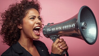 Woman Shouts Into a Megaphone Promoting Black Friday Sales During a Marketing Event