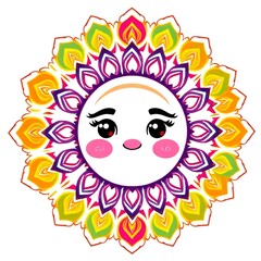 Cute Cartoon Face with Vibrant Floral Mandala Pattern. cartoon face, cute character, floral mandala, colorful design, vibrant pattern, playful illustration