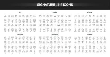Collection of thin line icons representing art, cinema, museum, video game, mass media, and running themes, covering creative, cultural, digital, and fitness concepts isolated vector illustration © Icon Majesty