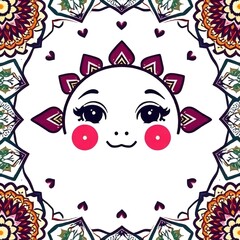 Cute Cartoon Face with Floral Mandala Design. colorful design, playful illustration, kawaii style, vibrant artwork, happy expression