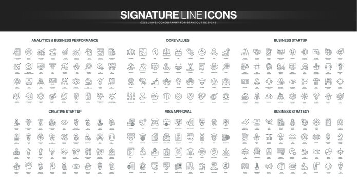 Set of black line icons on themes analytics, business performance, startup, visa approval, core values, and business strategy, for professional presentations, corporate web design vector illustration