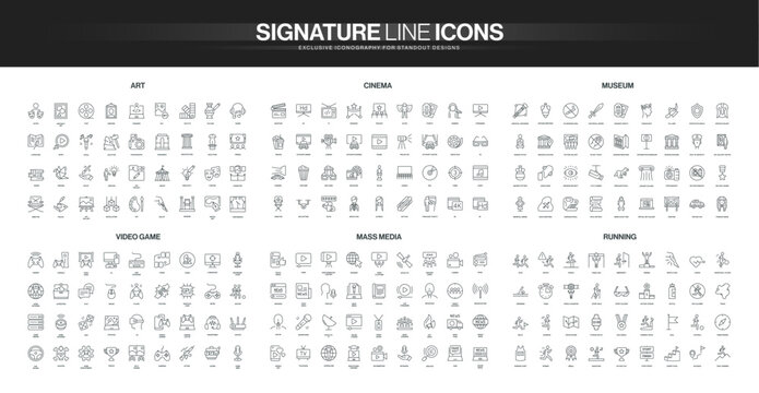 Collection of thin line icons representing art, cinema, museum, video game, mass media, and running themes, covering creative, cultural, digital, and fitness concepts isolated vector illustration