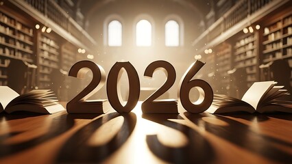 2026 New Year Concept in Library with Open Books