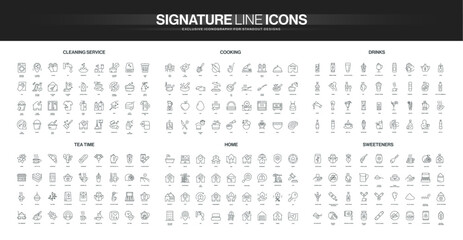 Comprehensive set of line icons covering cleaning, cooking, drinks, tea, home essentials, and sweeteners, ideal for visualizing household and culinary concepts isolated vector illustration © Icon Majesty
