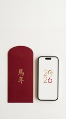 Vertical flat lay of traditional Chinese New Year red envelope (Hongbao) for the Year of the Horse 2026 next to a smartphone displaying the digital zodiac symbol.