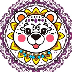 Decorative Vibrant Tiger Face with Intricate Pattern illustration, animal face, folk design, mandala style, festive motif, cultural artwork, playful expression