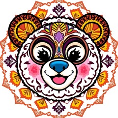 Whimsical Colorful Bear Face with Decorative Pattern whimsical art, decorative pattern, vibrant illustration, cute animal, folk design, intricate details, playful artwork, festive motif, children's 