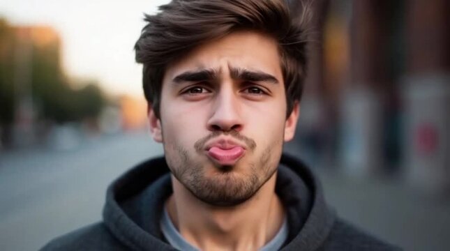 Candid reaction of a young man with brown hair in a hoodie making funny puckered lips and wide eyes surprise face. Realistic lifestyle portrait video.